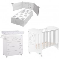 Habitación Sweet Bear: Cuna con cajón, Cómoda con Bañera y Pack Textil (Edredón, Jgo sábanas y Protector)
